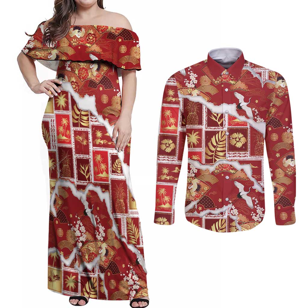 Hawaii Japanese Culture Red Couples Matching Off Shoulder Maxi Dress and Long Sleeve Button Shirt Spring Cranes Aloha Pattern