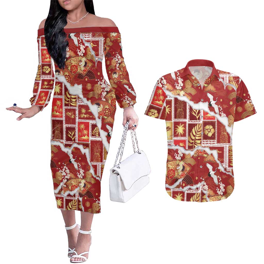 Hawaii Japanese Culture Red Couples Matching Off The Shoulder Long Sleeve Dress and Hawaiian Shirt Spring Cranes Aloha Pattern