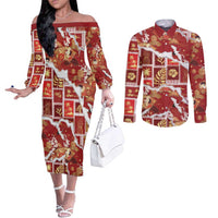 Hawaii Japanese Culture Red Couples Matching Off The Shoulder Long Sleeve Dress and Long Sleeve Button Shirt Spring Cranes Aloha Pattern