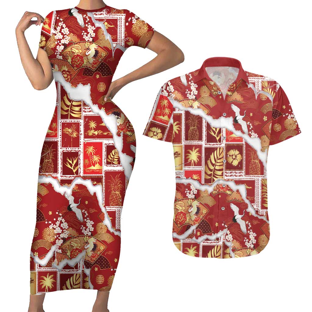Hawaii Japanese Culture Red Couples Matching Short Sleeve Bodycon Dress and Hawaiian Shirt Spring Cranes Aloha Pattern