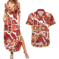 Hawaii Japanese Culture Red Couples Matching Summer Maxi Dress and Hawaiian Shirt Spring Cranes Aloha Pattern LT01 Red - Polynesian Pride