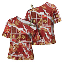 Hawaii Japanese Culture Red Cross Shoulder Shirt Spring Cranes Aloha Pattern