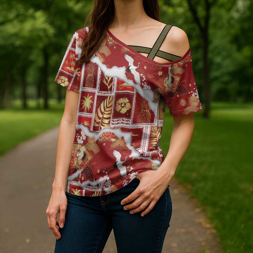 Hawaii Japanese Culture Red Cross Shoulder Shirt Spring Cranes Aloha Pattern