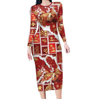 Hawaii Japanese Culture Red Family Matching Long Sleeve Bodycon Dress and Hawaiian Shirt Spring Cranes Aloha Pattern