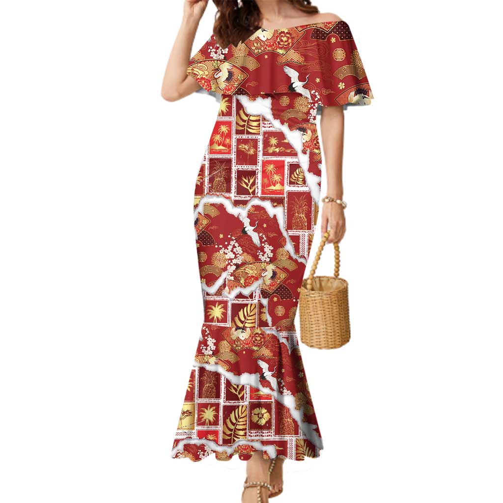 Hawaii Japanese Culture Red Family Matching Mermaid Dress and Hawaiian Shirt Spring Cranes Aloha Pattern