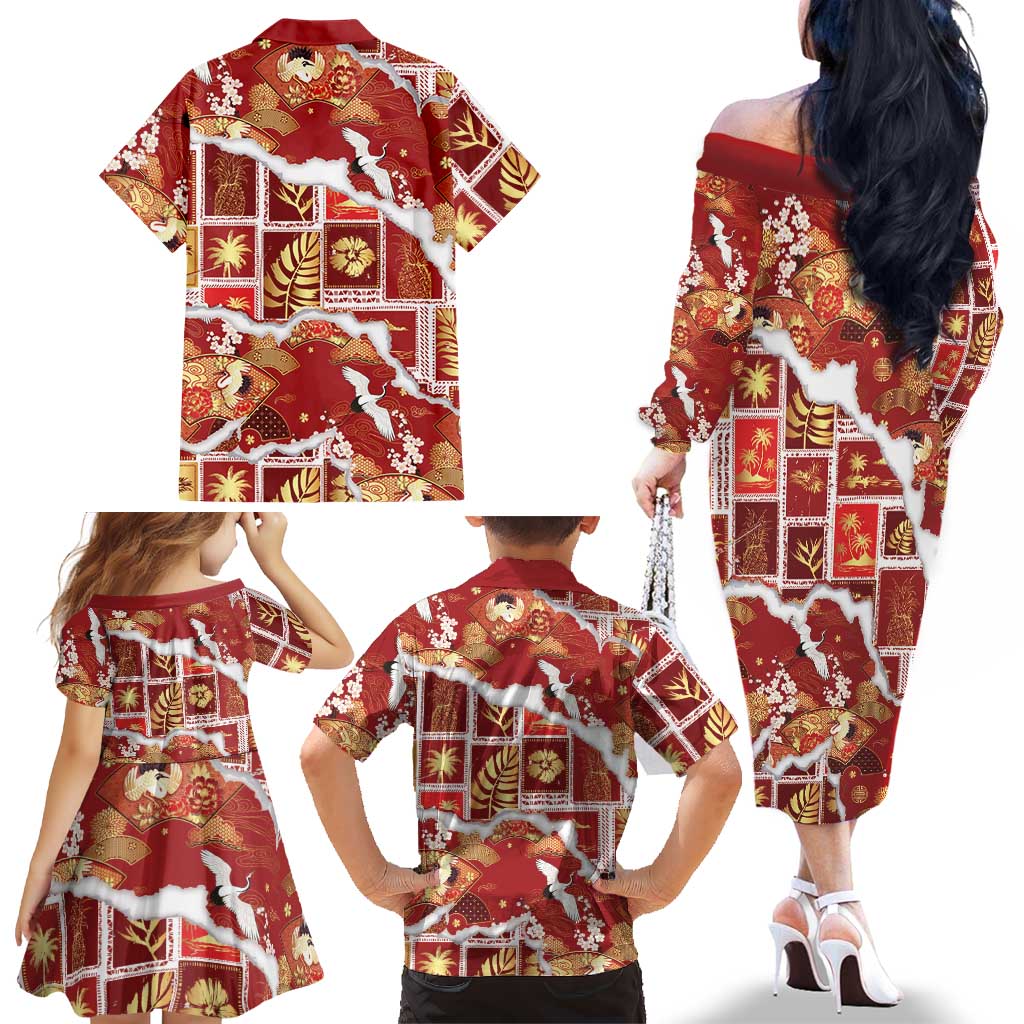 Hawaii Japanese Culture Red Family Matching Off The Shoulder Long Sleeve Dress and Hawaiian Shirt Spring Cranes Aloha Pattern