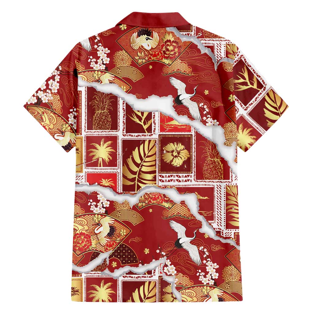 Hawaii Japanese Culture Red Family Matching Off The Shoulder Long Sleeve Dress and Hawaiian Shirt Spring Cranes Aloha Pattern