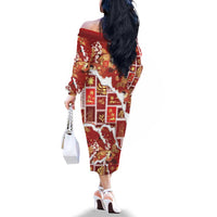 Hawaii Japanese Culture Red Family Matching Off The Shoulder Long Sleeve Dress and Hawaiian Shirt Spring Cranes Aloha Pattern