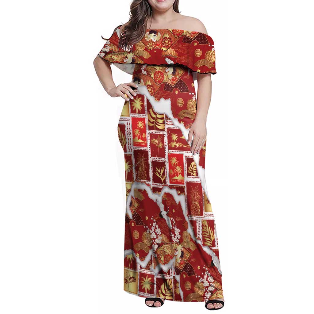 Hawaii Japanese Culture Red Family Matching Off Shoulder Maxi Dress and Hawaiian Shirt Spring Cranes Aloha Pattern