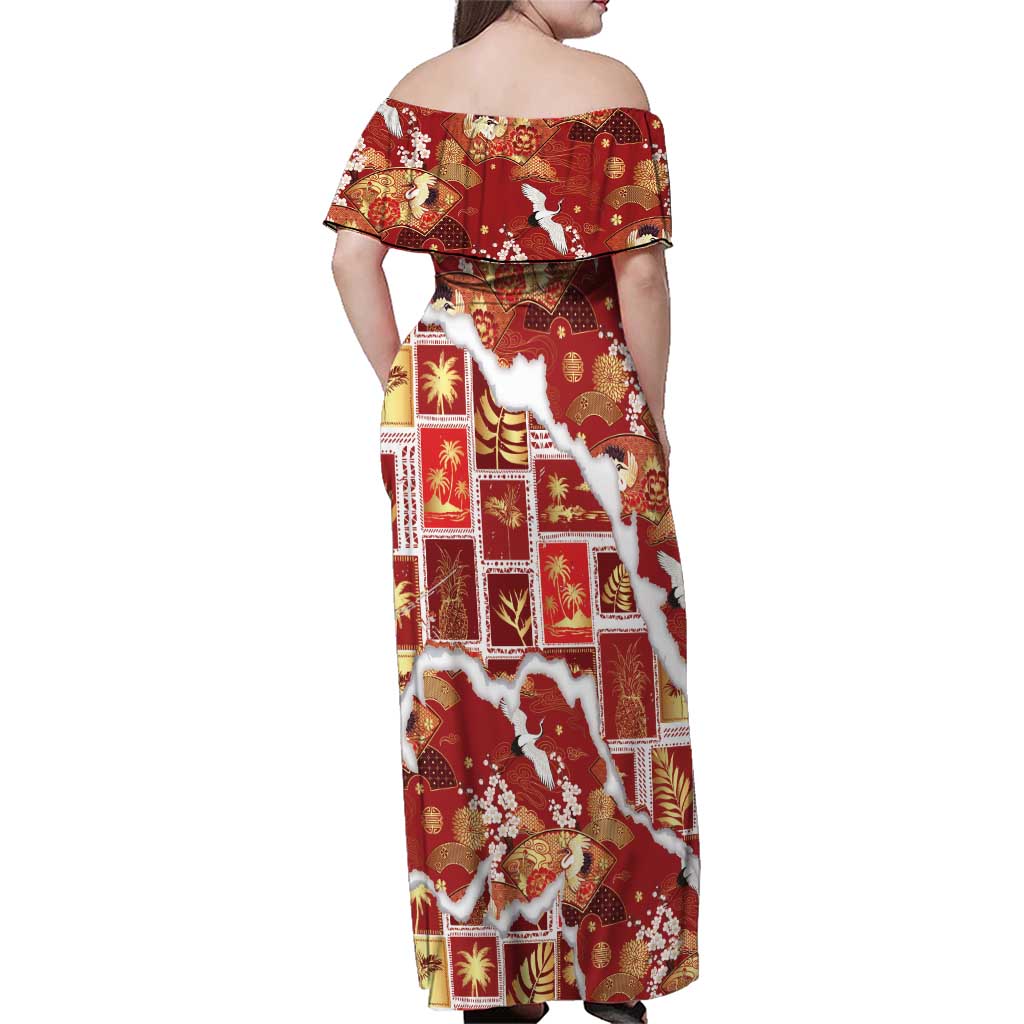 Hawaii Japanese Culture Red Family Matching Off Shoulder Maxi Dress and Hawaiian Shirt Spring Cranes Aloha Pattern