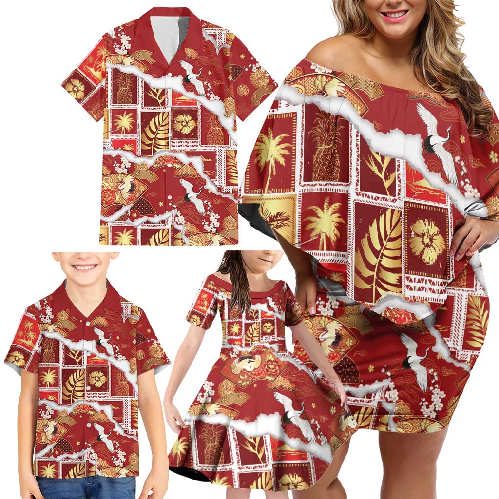 Hawaii Japanese Culture Red Family Matching Off Shoulder Short Dress and Hawaiian Shirt Spring Cranes Aloha Pattern