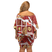 Hawaii Japanese Culture Red Family Matching Off Shoulder Short Dress and Hawaiian Shirt Spring Cranes Aloha Pattern