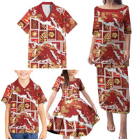 Hawaii Japanese Culture Red Family Matching Puletasi and Hawaiian Shirt Spring Cranes Aloha Pattern