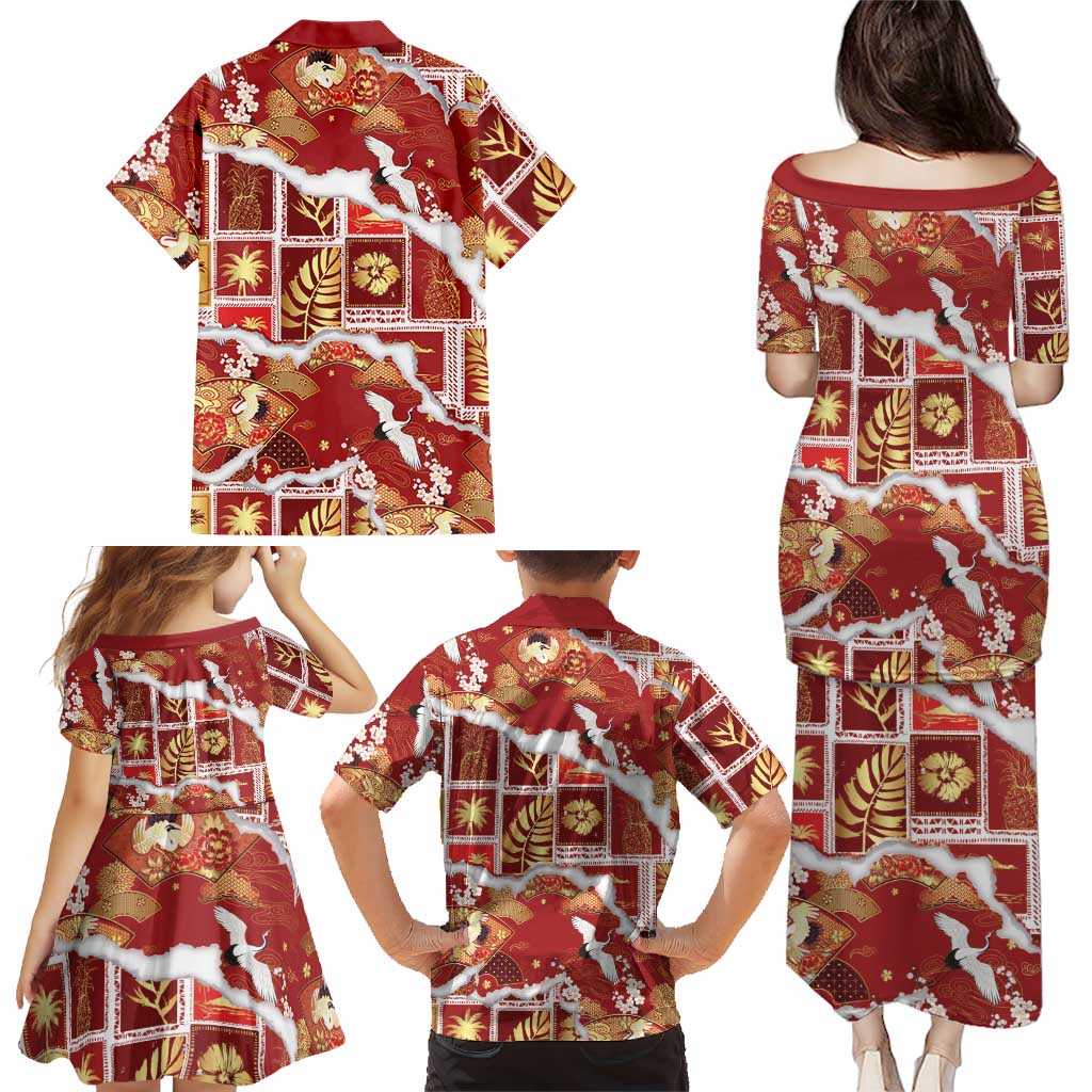 Hawaii Japanese Culture Red Family Matching Puletasi and Hawaiian Shirt Spring Cranes Aloha Pattern