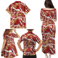 Hawaii Japanese Culture Red Family Matching Puletasi and Hawaiian Shirt Spring Cranes Aloha Pattern