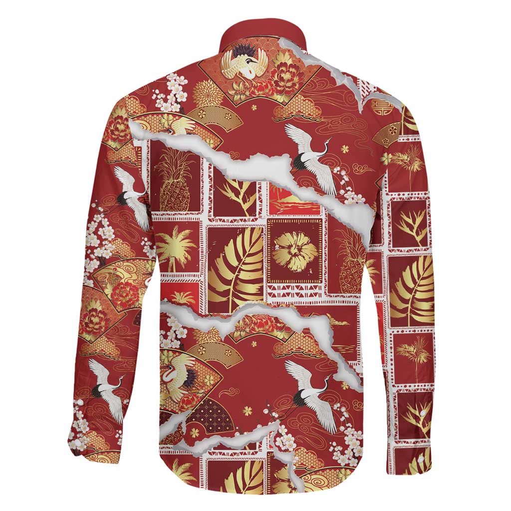 Hawaii Japanese Culture Red Family Matching Puletasi and Hawaiian Shirt Spring Cranes Aloha Pattern
