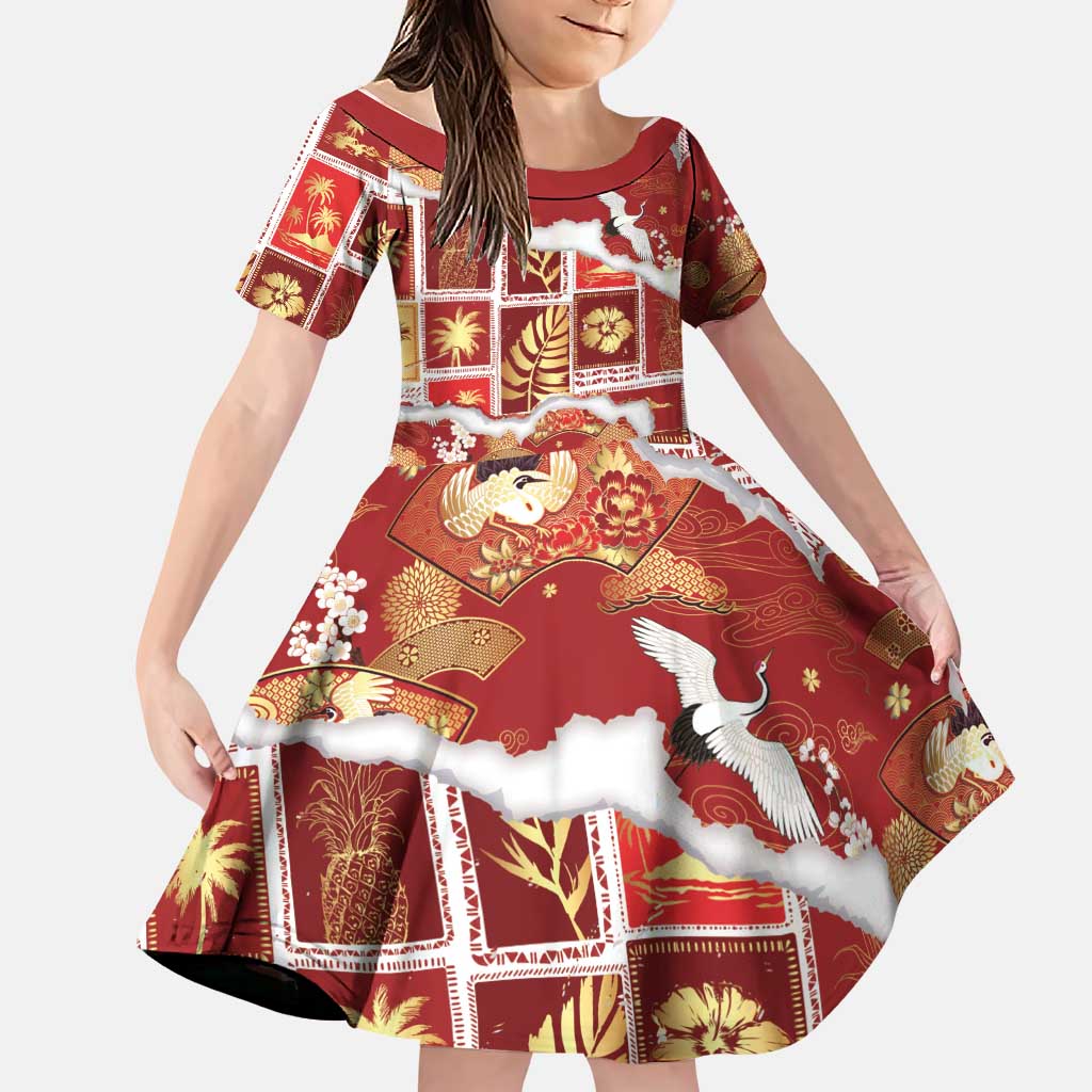Hawaii Japanese Culture Red Family Matching Short Sleeve Bodycon Dress and Hawaiian Shirt Spring Cranes Aloha Pattern
