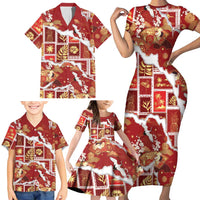 Hawaii Japanese Culture Red Family Matching Short Sleeve Bodycon Dress and Hawaiian Shirt Spring Cranes Aloha Pattern