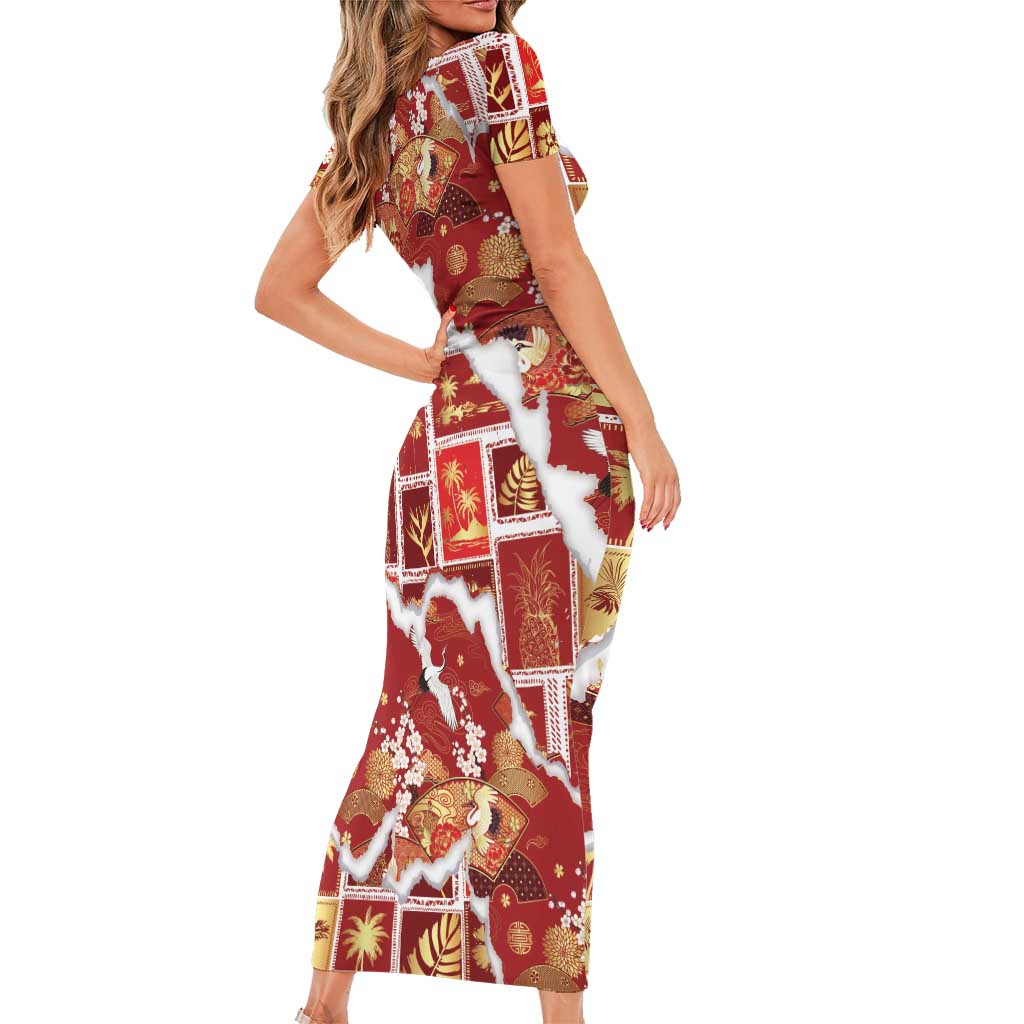 Hawaii Japanese Culture Red Family Matching Short Sleeve Bodycon Dress and Hawaiian Shirt Spring Cranes Aloha Pattern