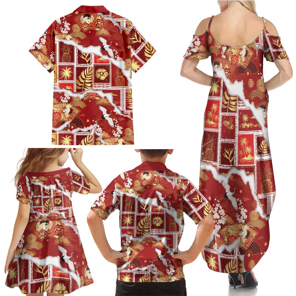 Hawaii Japanese Culture Red Family Matching Summer Maxi Dress and Hawaiian Shirt Spring Cranes Aloha Pattern