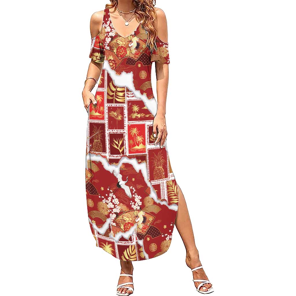 Hawaii Japanese Culture Red Family Matching Summer Maxi Dress and Hawaiian Shirt Spring Cranes Aloha Pattern