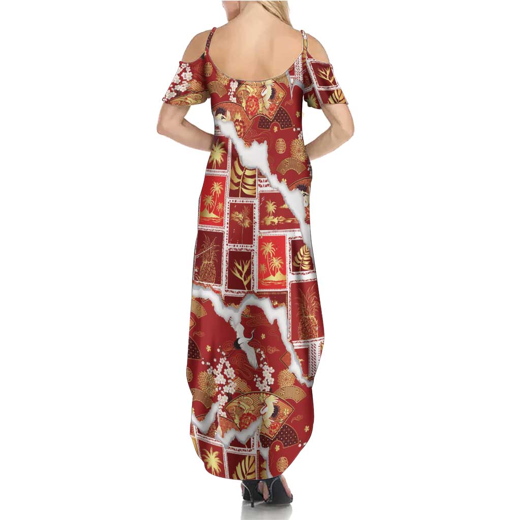 Hawaii Japanese Culture Red Family Matching Summer Maxi Dress and Hawaiian Shirt Spring Cranes Aloha Pattern