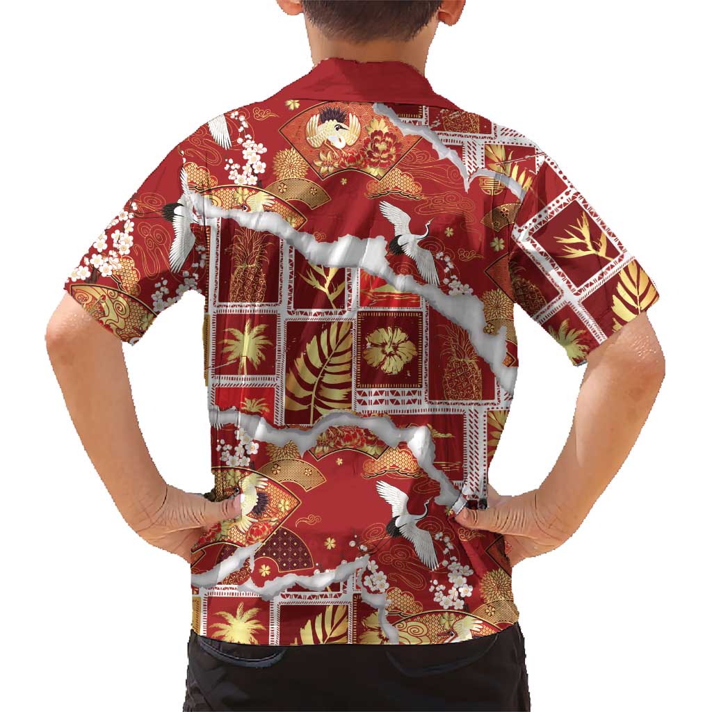 Hawaii Japanese Culture Red Family Matching Tank Maxi Dress and Hawaiian Shirt Spring Cranes Aloha Pattern