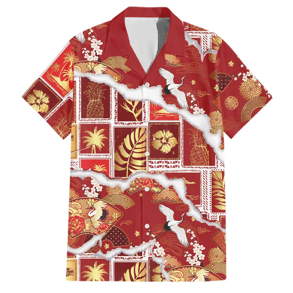 Hawaii Japanese Culture Red Family Matching Tank Maxi Dress and Hawaiian Shirt Spring Cranes Aloha Pattern