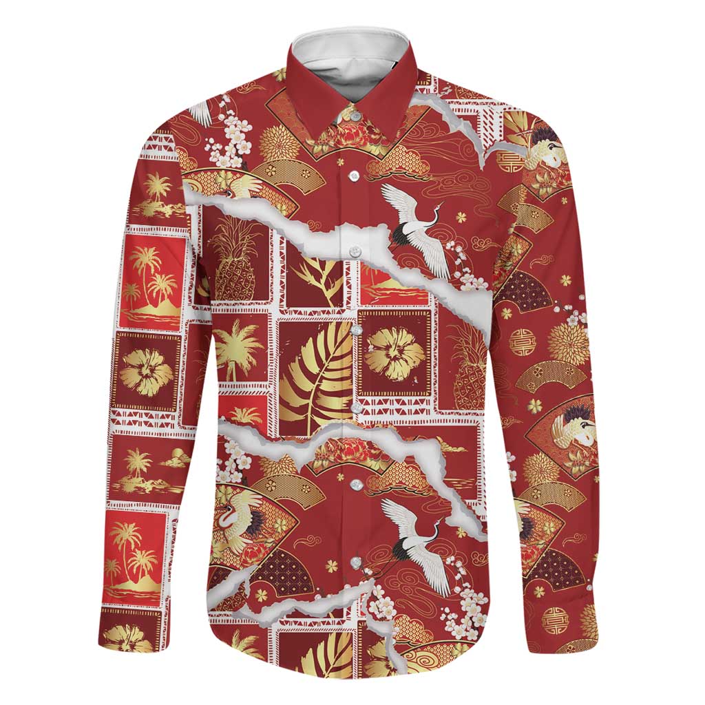 Hawaii Japanese Culture Red Family Matching Tank Maxi Dress and Hawaiian Shirt Spring Cranes Aloha Pattern