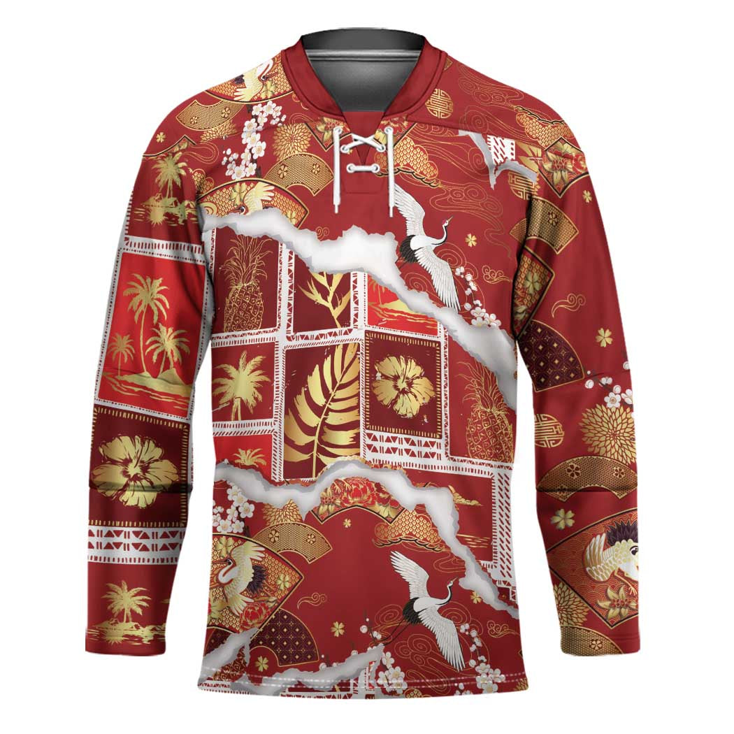 Hawaii Japanese Culture Red Hockey Jersey Spring Cranes Aloha Pattern