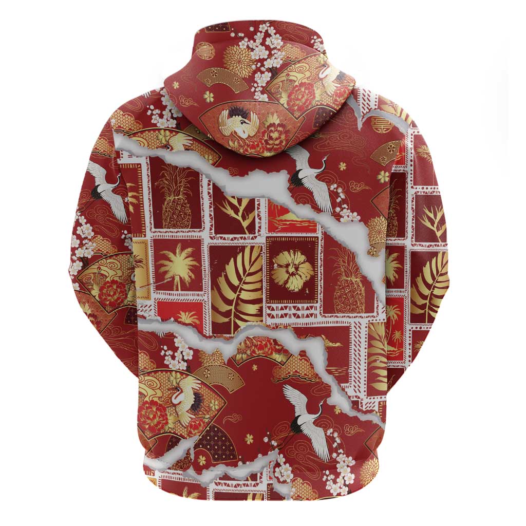 Hawaii Japanese Culture Red Hoodie Spring Cranes Aloha Pattern