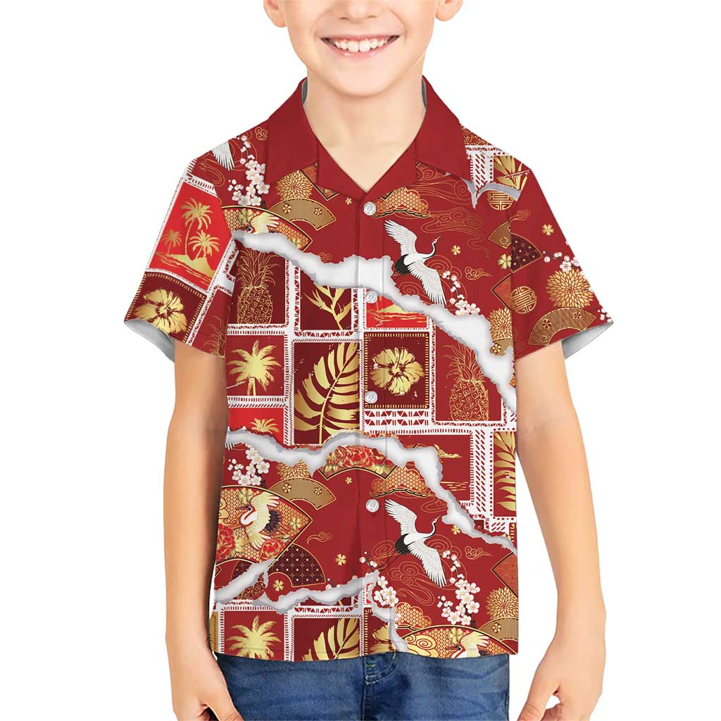 Hawaii Japanese Culture Red Kid Hawaiian Shirt Spring Cranes Aloha Pattern