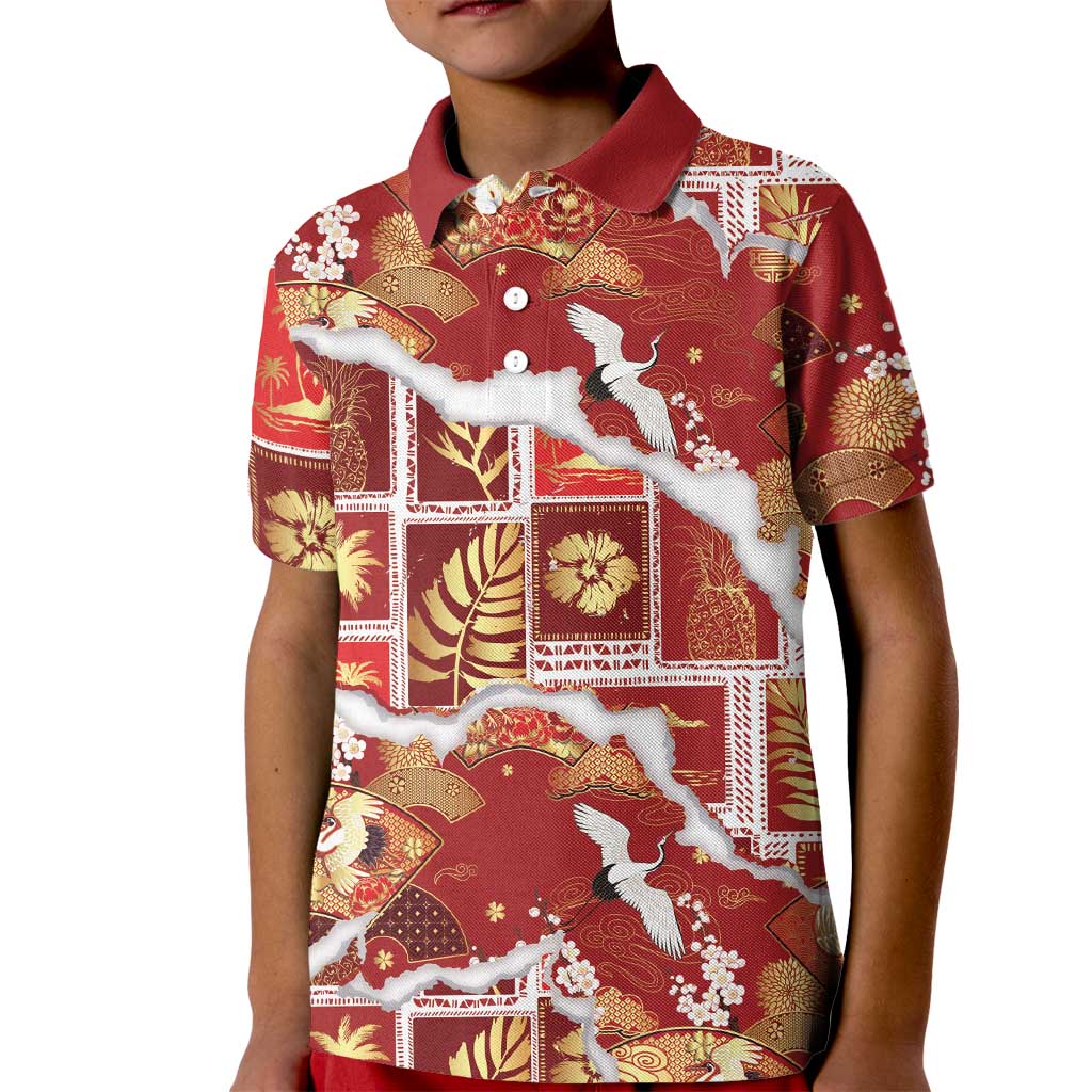 Hawaii Japanese Culture Red Kid Polo Shirt Spring Cranes Aloha Pattern