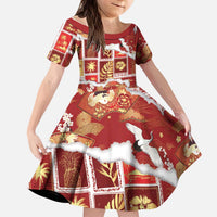 Hawaii Japanese Culture Red Kid Short Sleeve Dress Spring Cranes Aloha Pattern