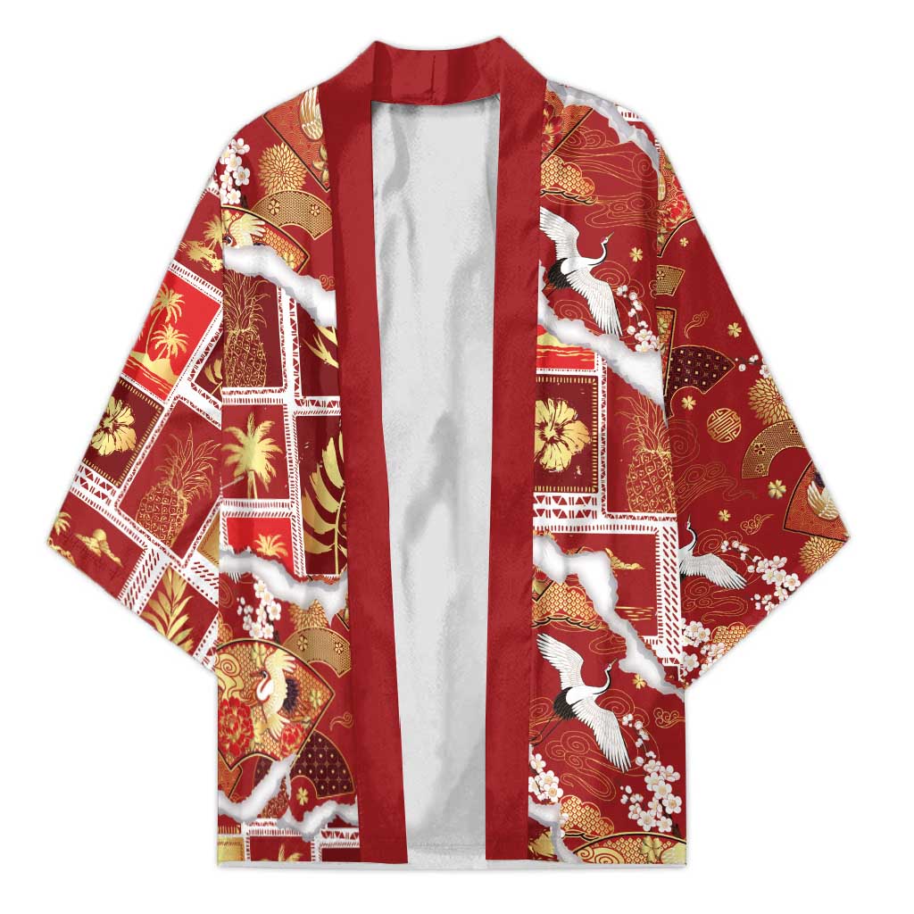 Hawaii Japanese Culture Red Kimono Spring Cranes Aloha Pattern