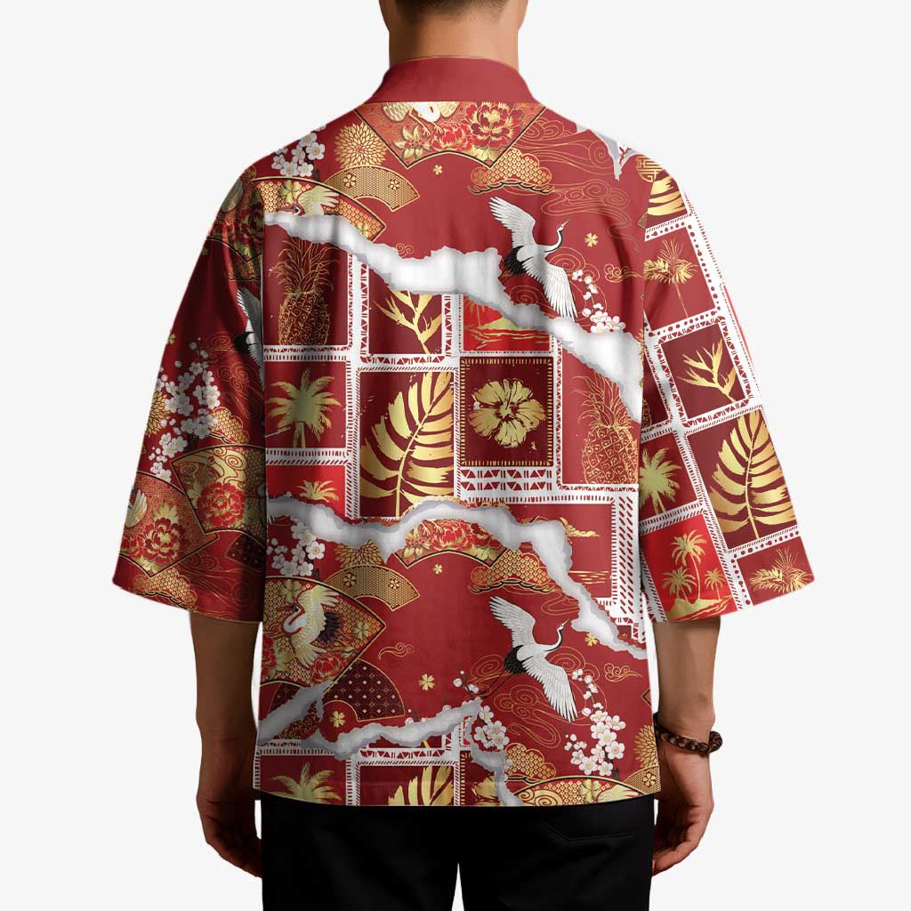 Hawaii Japanese Culture Red Kimono Spring Cranes Aloha Pattern