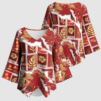 Hawaii Japanese Culture Red Kimono Sleeve Blouse Spring Cranes Aloha Pattern