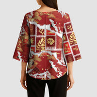 Hawaii Japanese Culture Red Kimono Sleeve Blouse Spring Cranes Aloha Pattern