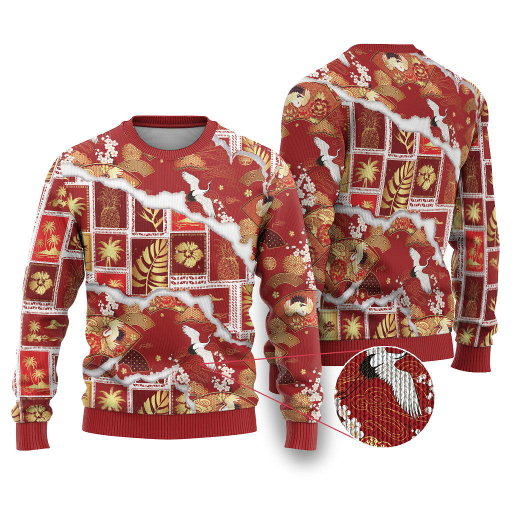 Hawaii Japanese Culture Red Ugly Christmas Sweater Spring Cranes Aloha Pattern LT01 Red - Polynesian Pride