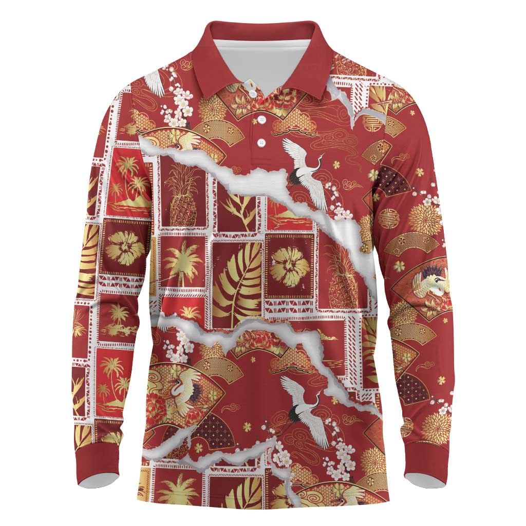 Hawaii Japanese Culture Red Long Sleeve Polo Shirt Spring Cranes Aloha Pattern LT01 Red - Polynesian Pride