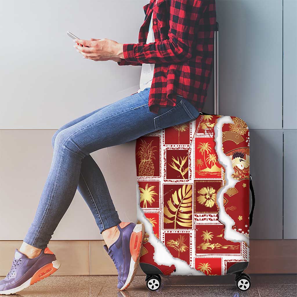 Hawaii Japanese Culture Red Luggage Cover Spring Cranes Aloha Pattern