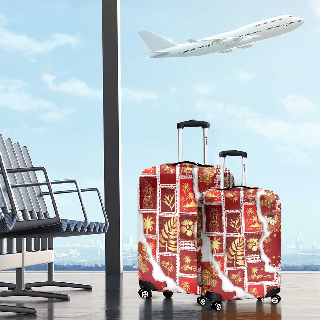 Hawaii Japanese Culture Red Luggage Cover Spring Cranes Aloha Pattern