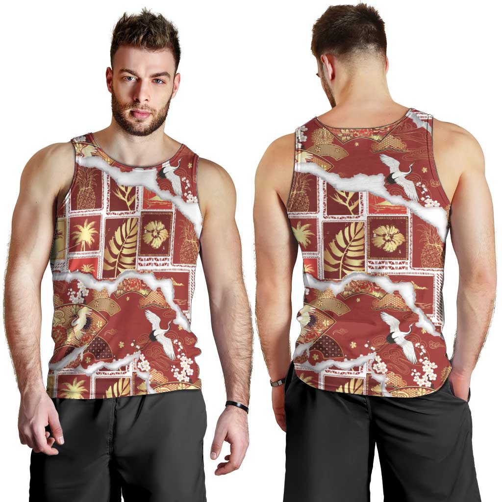 Hawaii Japanese Culture Red Men Tank Top Spring Cranes Aloha Pattern