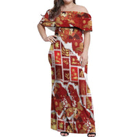 Hawaii Japanese Culture Red Off Shoulder Maxi Dress Spring Cranes Aloha Pattern