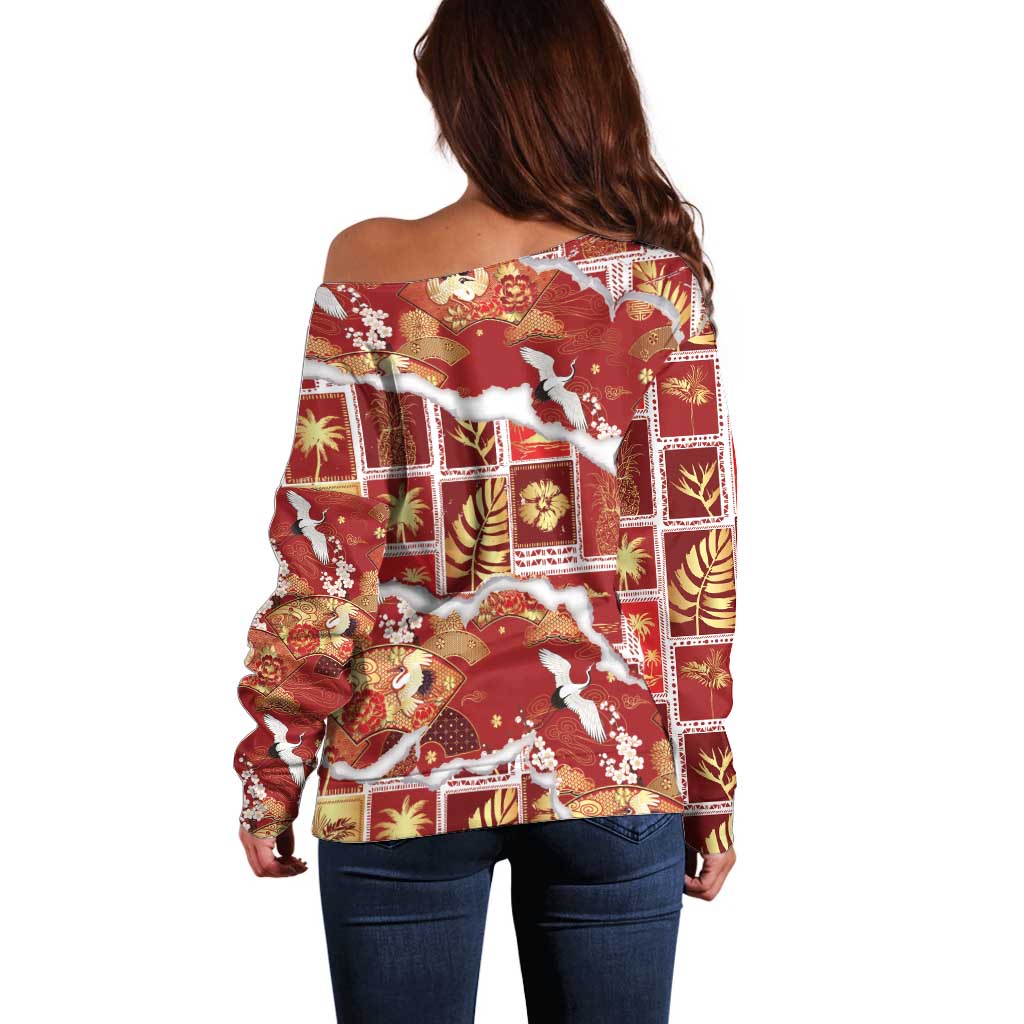 Hawaii Japanese Culture Red Off Shoulder Sweater Spring Cranes Aloha Pattern