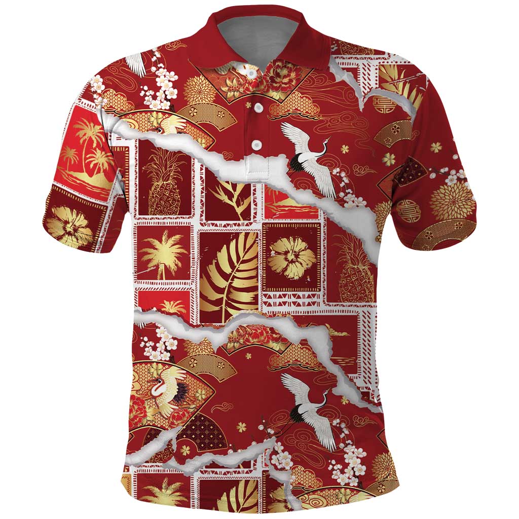 Hawaii Japanese Culture Red Polo Shirt Spring Cranes Aloha Pattern