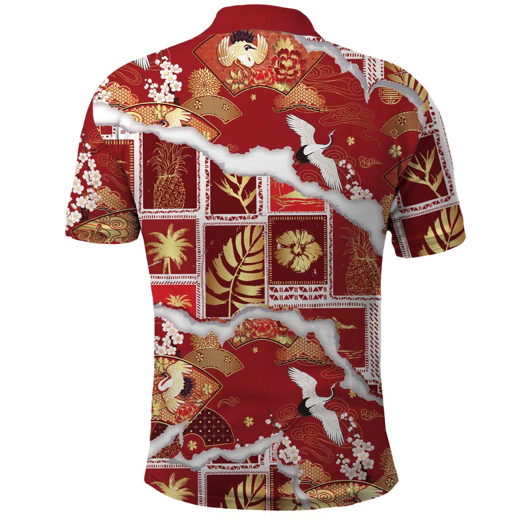 Hawaii Japanese Culture Red Polo Shirt Spring Cranes Aloha Pattern