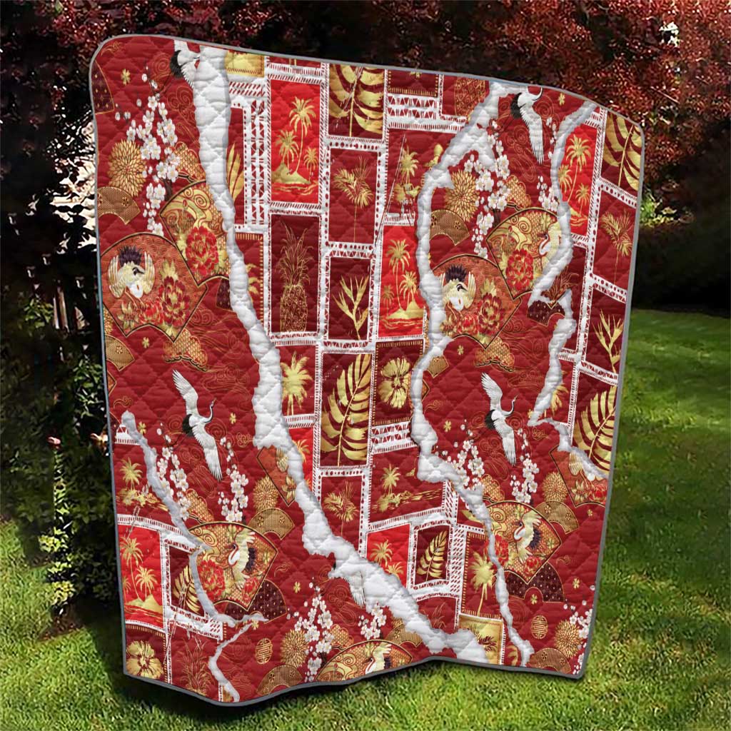 Hawaii Japanese Culture Red Quilt Spring Cranes Aloha Pattern