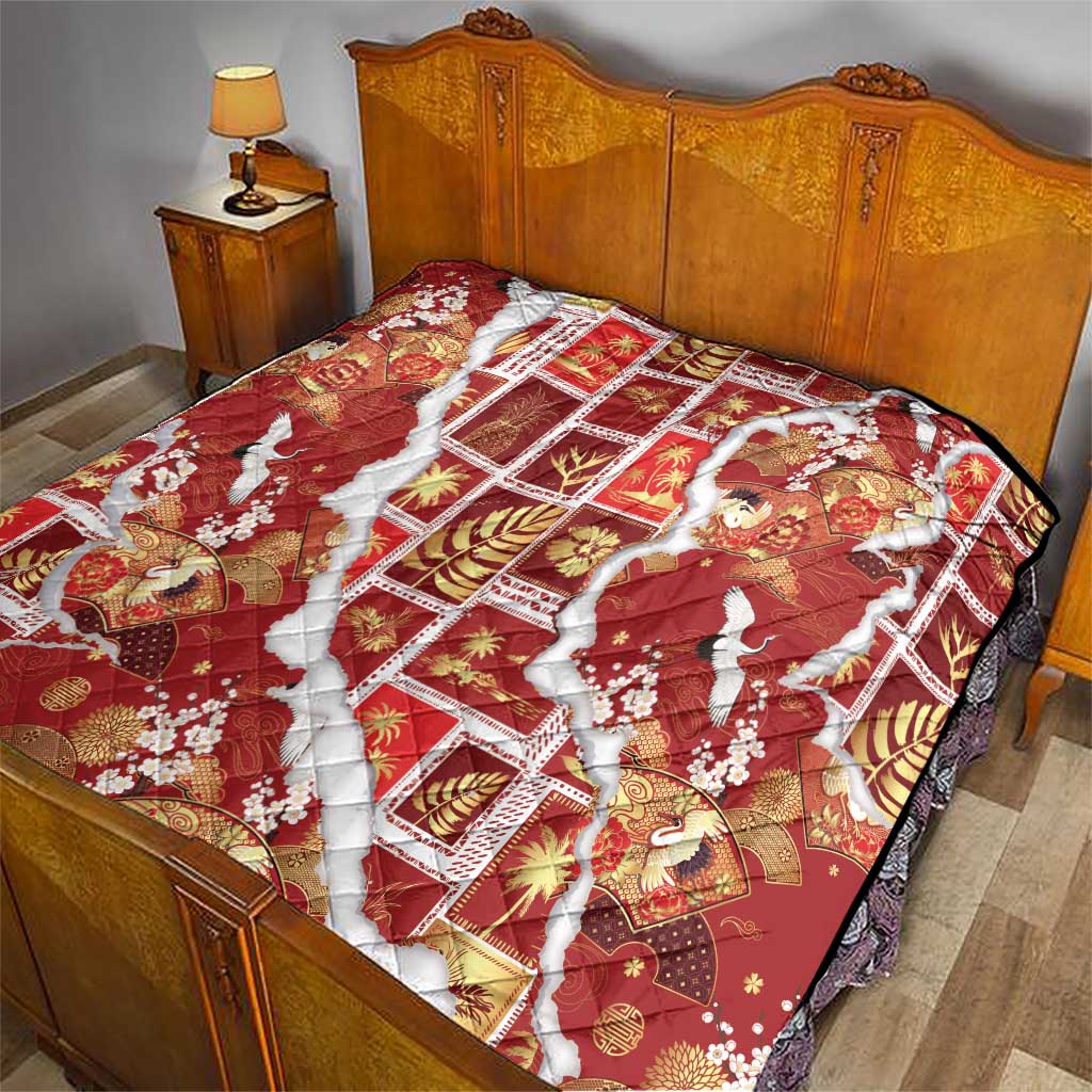 Hawaii Japanese Culture Red Quilt Spring Cranes Aloha Pattern