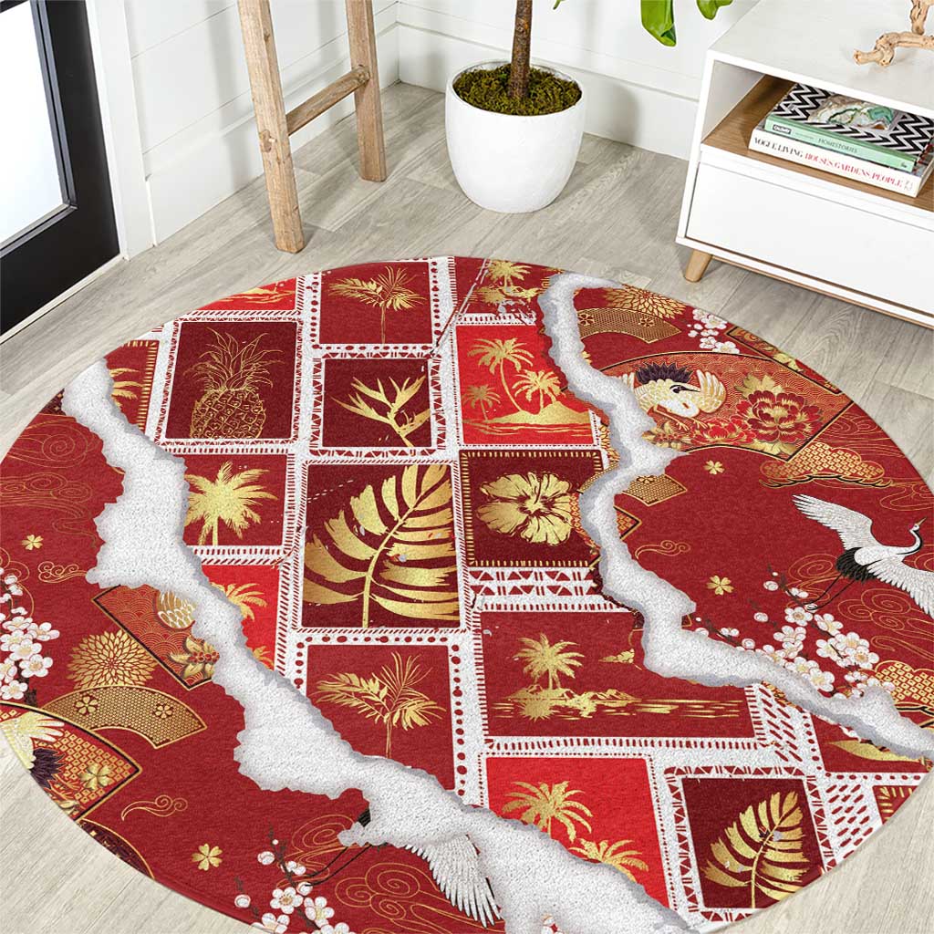 Hawaii Japanese Culture Red Round Carpet Spring Cranes Aloha Pattern